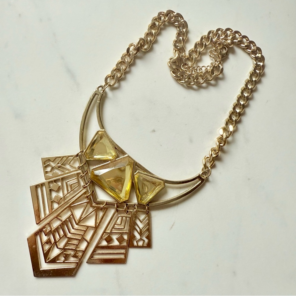 Majestic Large 5” Geometric Gold 18” Necklace with Yellow Accents